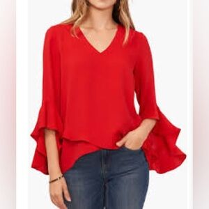 Vince Camuto V Neck Ruffle Sleeved Top Blouse Red Size Medium